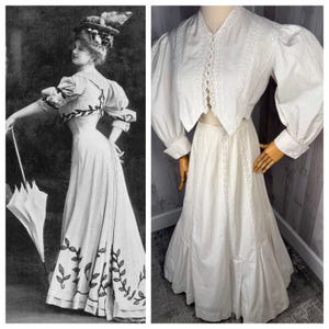 1900s Victorian Ladies 2PC White Linen Walking Suit-Pleated Skirt & Eaton Jacket 1890s Clean Rare Condition!