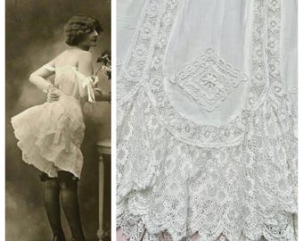 1910s Edwardian Wedding Petticoat~2PC Antique Soft White Cotton Crinoline Skirt w/Lace Embellishments 1900s Rare Wearable Size!