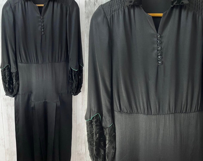 1910s True Edwardian Dress Antique Gown~Jet Black Silk / Velvet XS