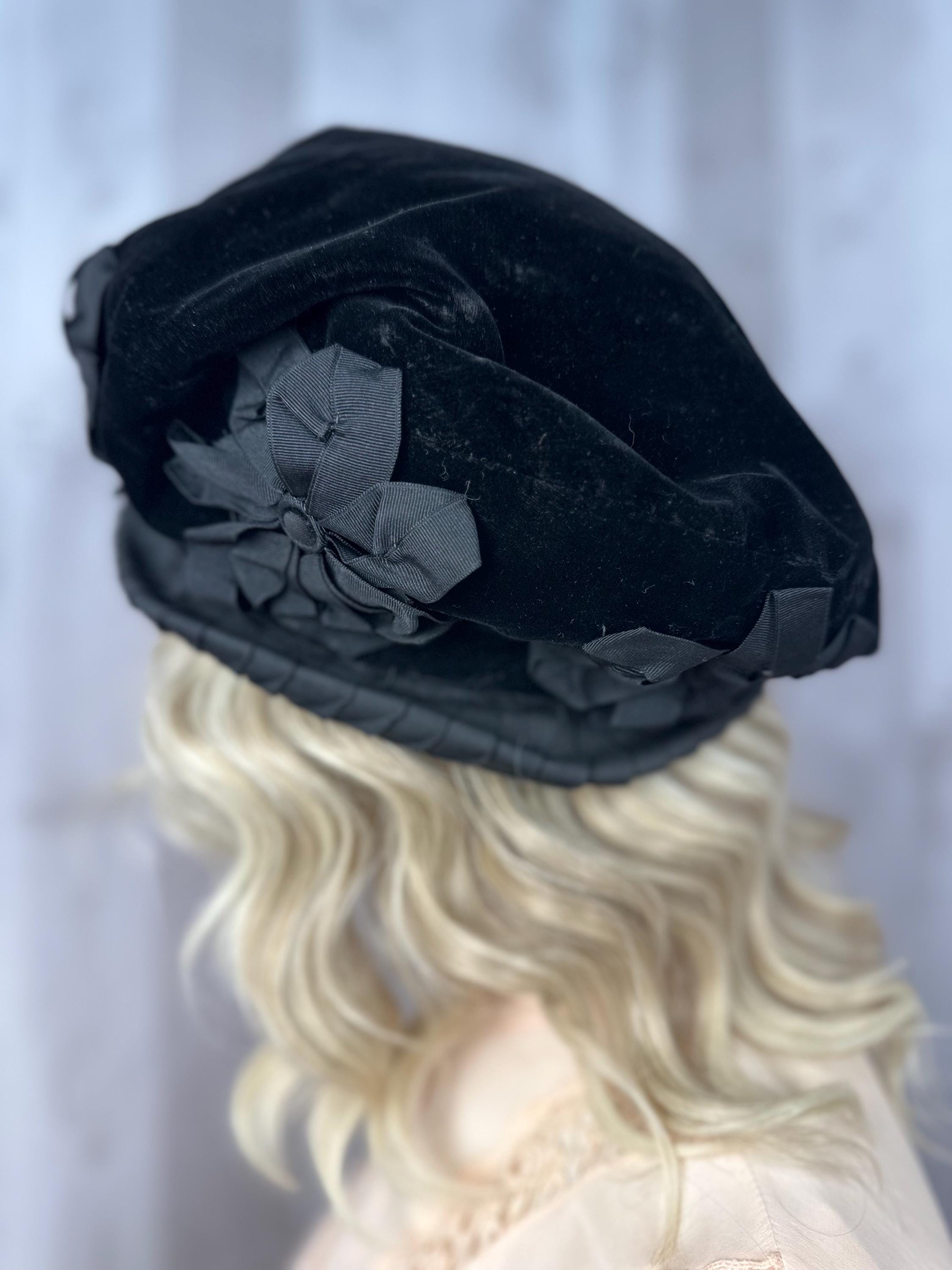 1910s Edwardian HAT Black Velvet Beret-1920s Flowers Rare 