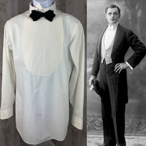 1900s Mens Shield Front Dress Shirt Crisp Off White Pique Cotton 15/34