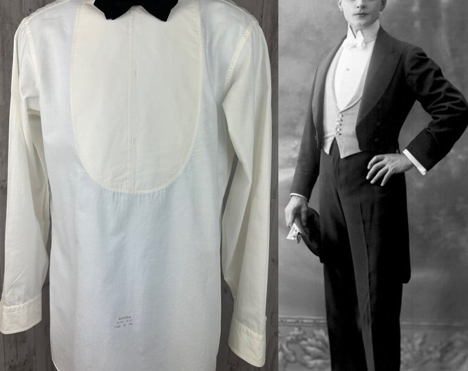 1900s Mens Shield Front Dress Shirt Crisp Off White Pique Cotton 15/34