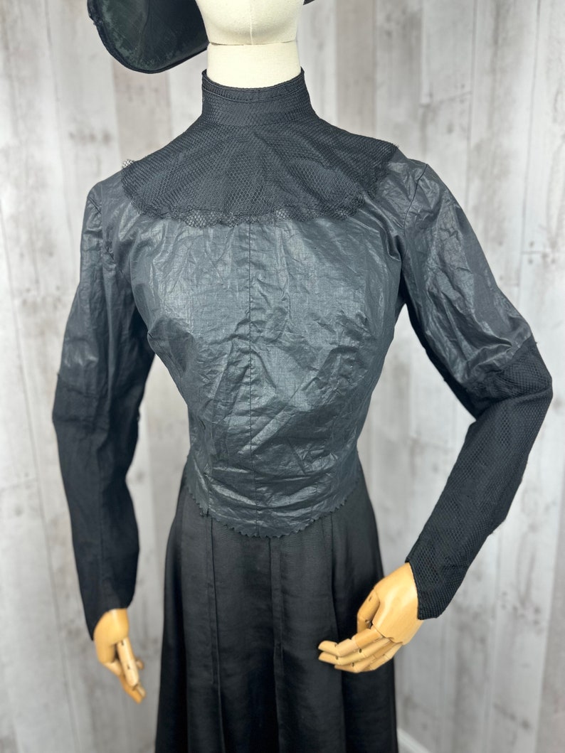 1900s Edwardian Waist Shirt Blouse Antique Black Silk w/Netting 1910s Small WOUNDED image 4