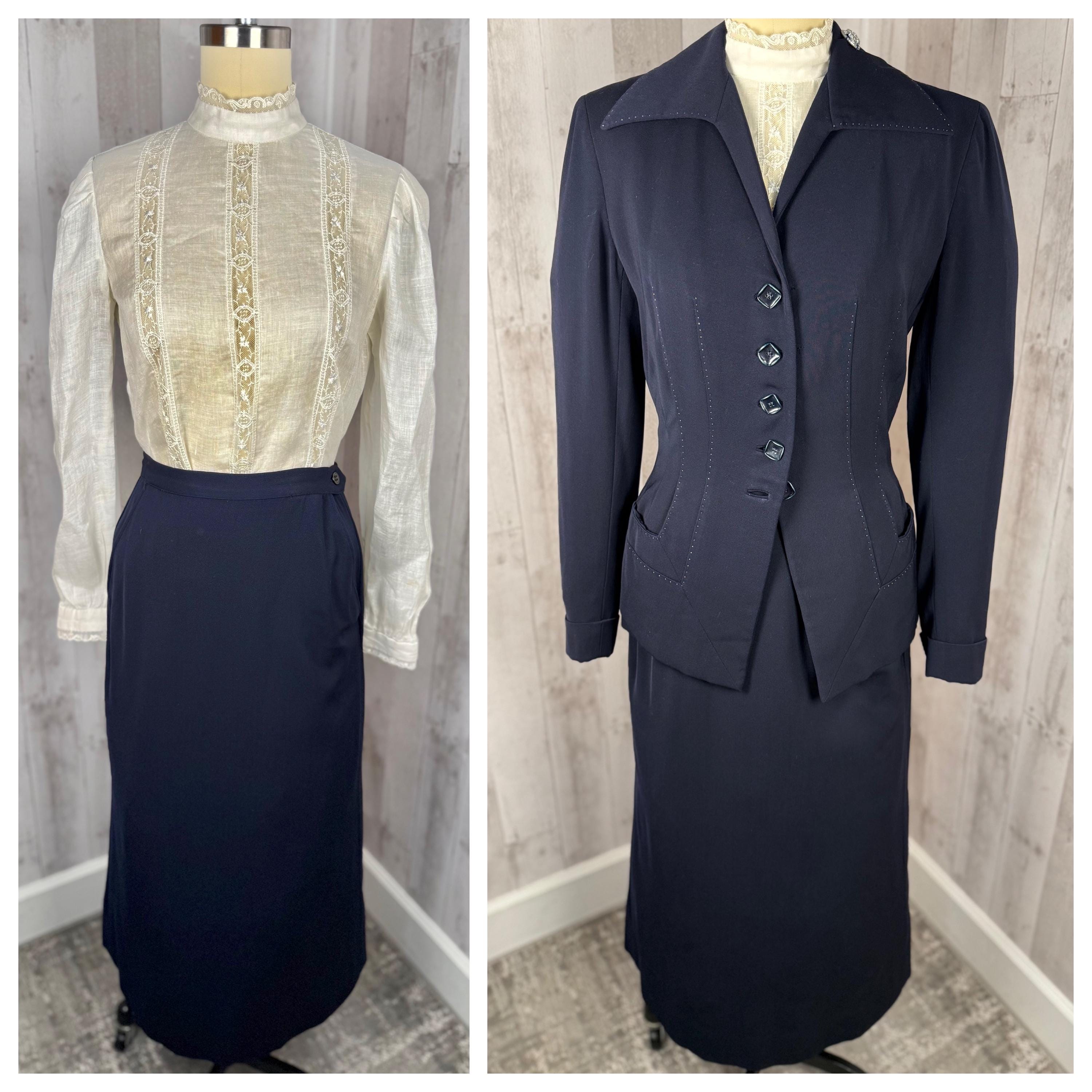 1930s Antique SKIRT & JACKET Ladies 2PC Suit Navy Blue Virgin Wool Rare Condition! 36b x 28w S/M