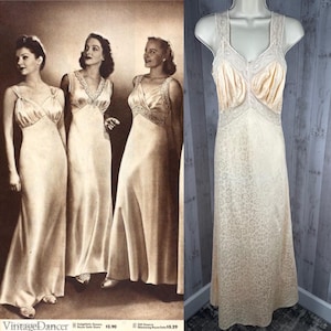 1930s Antique Nightgown Satin Brocade Peachy/Apricot Lingerie Art Deco Hollywood Size S/