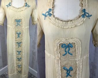 1910s Edwardian Gown ~ Sheer Egg Shell & French Blue Ecru Net Tea Dress Small/2 1900s BELT IS WOUNDED