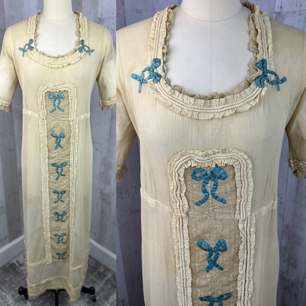 1910s Edwardian Gown ~ Sheer Egg Shell & French Blue Ecru Net Tea Dress Small/2 1900s BELT IS WOUNDED