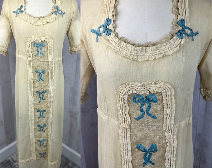 1910s Edwardian Gown ~ Sheer Egg Shell & French Blue Ecru Net Tea Dress Small/2 1900s BELT IS WOUNDED
