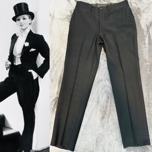 1910-1920s Edwardian Tuxedo Trousers Antique Inky Black Mens / Womens Wool Pants AUTHENTIC-Ex Condition! 34W x 30.5L