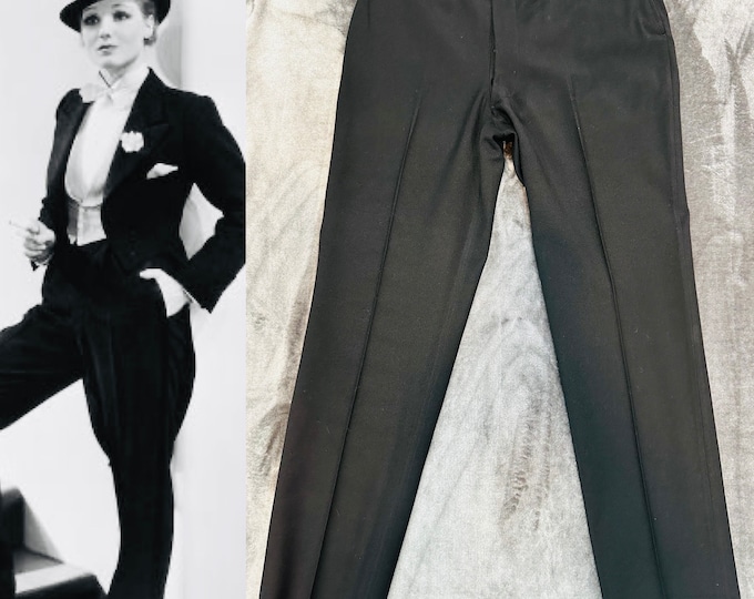 1910-1920s Edwardian Tuxedo Trousers Antique Inky Black Mens / Womens Wool Pants AUTHENTIC-Ex Condition! 34W x 30.5L