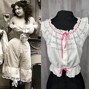 1910s True Edwardian Corset Cover ~ Soft White Batiste Cotton Top with Pink Silk Ribbon 1900s XS Jrs Youth
