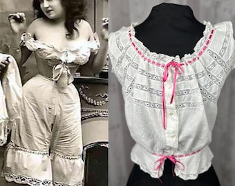 1910s True Edwardian Corset Cover ~ Soft White Batiste Cotton Top with Pink Silk Ribbon 1900s XS Jrs Youth