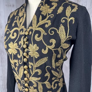 1920s Art Deco Black Antique Wool Knit Jacket w/ Floral Gold Applique Cardigan Small