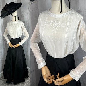 1910s Victorian/Edwardian Antique Waist Shirt -  White Batiste Embroidered 1900s Blouse Small