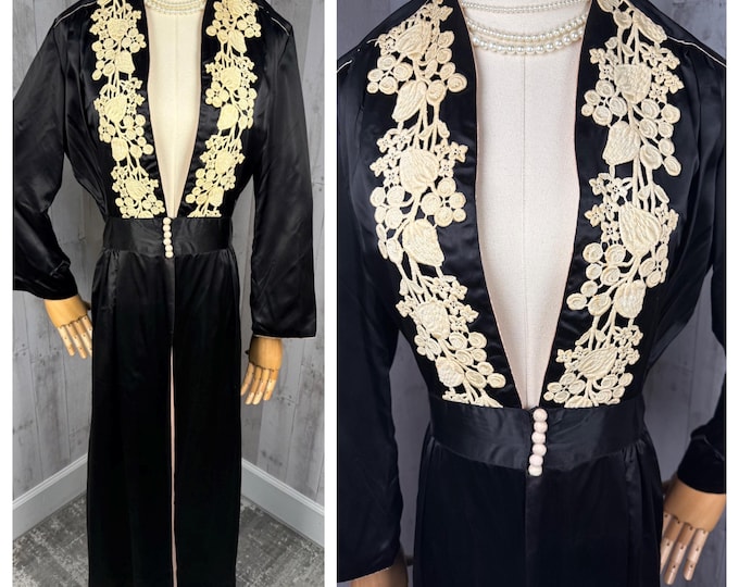 1920-30s Antique Dressing Gown Inky Black Satin Robe / Lingerie Pale Pink Lining & Applique Neckline Small