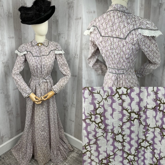 C1800s True Victorian Dress Wearable Antique Crisp Lavender Clean Cotton Gown 1890s S/M