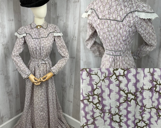 c1800s True Victorian Dress  Wearable Antique Crisp Lavender Clean Cotton Gown 1890s S/M