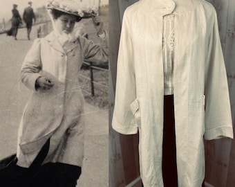1910s Edwardian Duster Overcoat-Eggshell Linen Coat for Motoring Travel Medium