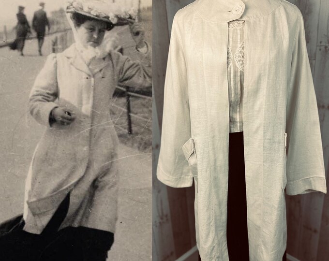 1910s Edwardian Duster Overcoat-Eggshell Linen Coat for Motoring Travel Medium