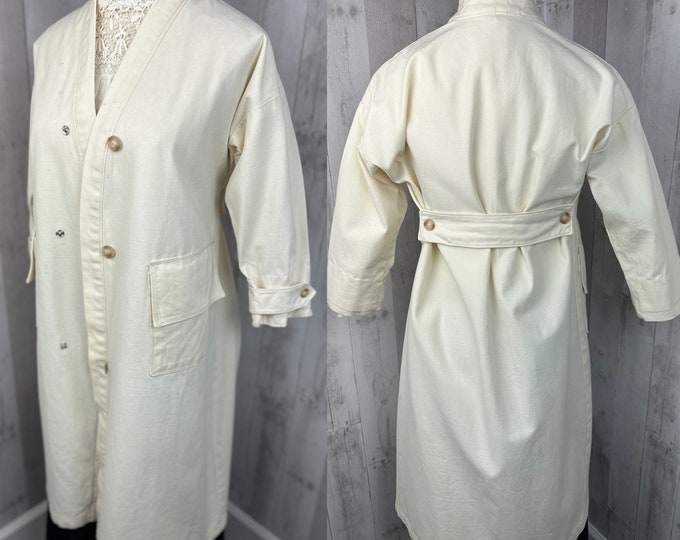 Vintage Duster Overcoat-Womens White Cotton Coat for Motoring & Travel Small