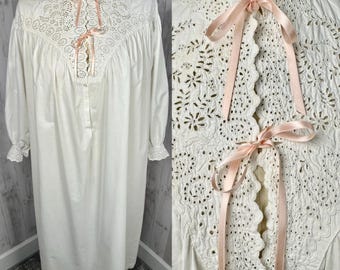 1860s Antique Victorian Nightgown Chemise Crisp White Cotton w/Pale Pink Ribbon Medium/12 RARE!