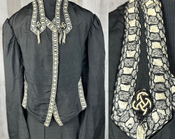 1900s Victorian Antique Jacket-Black Satin Edwardian Coat Asian Chinese Style 1910s Small