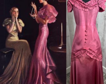 1910s Antique Gown Ruffled Taffeta Art Deco Dress~Magenta/Hot Pink Trumpet Silhouette 1920s Small