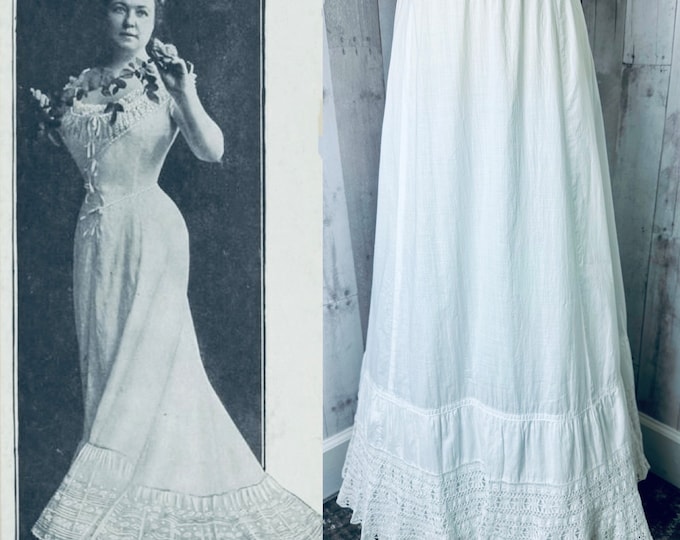 1910s Edwardian Petticoat~Antique Tiered White Crisp Cotton Crinoline Skirt with Crochet Ruffle Hem 1900s XS/S EX CONDITION!