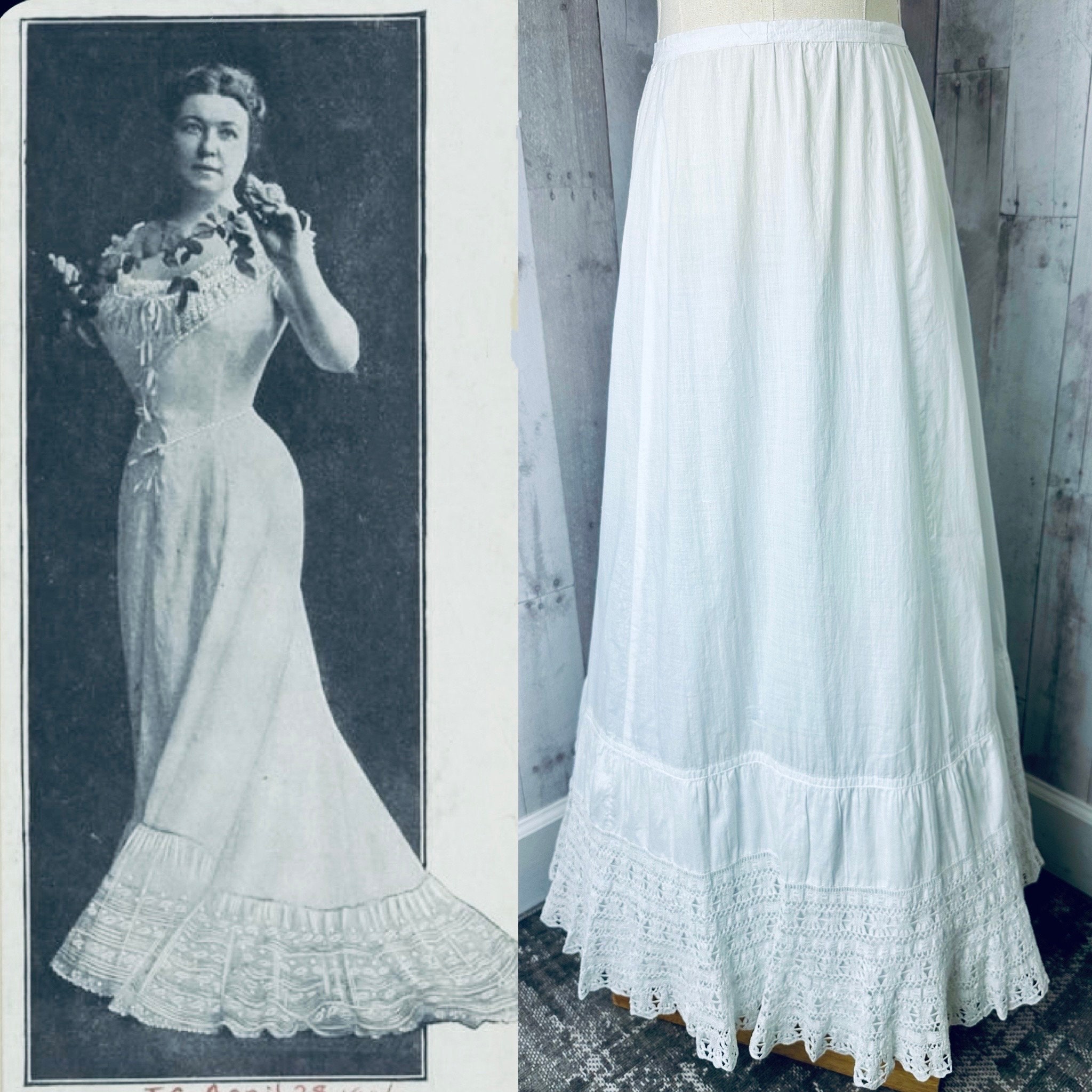 1910s Edwardian Petticoat~antique Tiered White Crisp Cotton 1910s Edwardian Petticoat~antique Tiered White Crisp Cotton