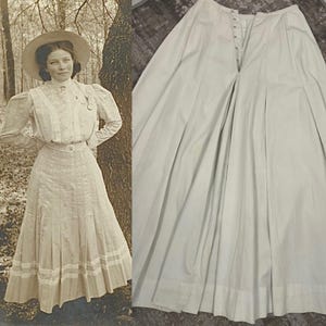 1910s True Edwardian Day Skirt Ivory Cotton Full Length Walking Skirt~Small/XS