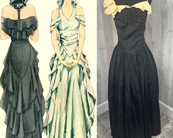 1930s Antique Ball Gown Jet Black Vintage Dress Rhinestone Embellishments S/M