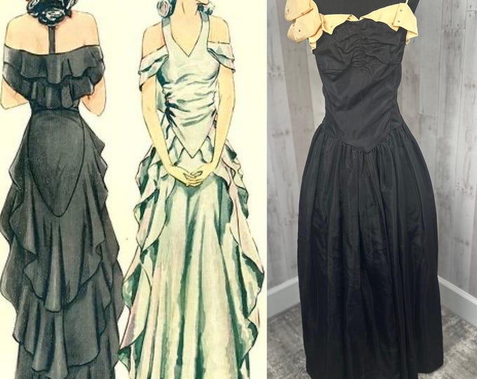 1930s Antique Ball Gown Jet Black Vintage Dress Rhinestone Embellishments S/M