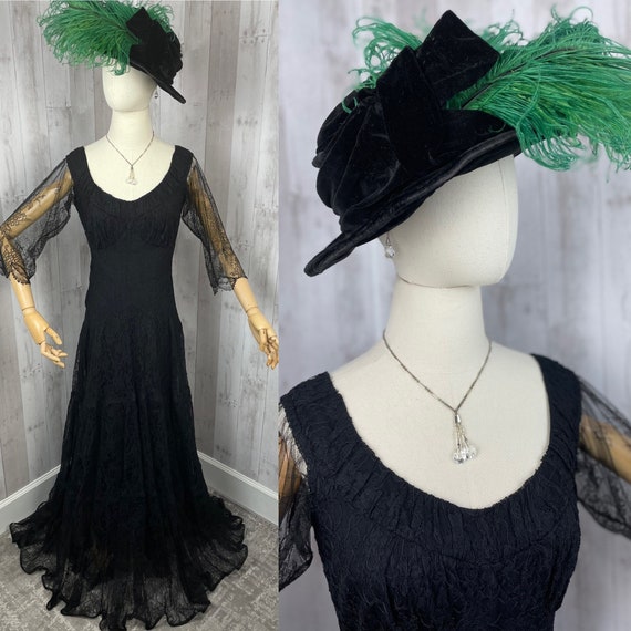 1930s Antique Dress Jet Black Vintage Lace M/30”W… - image 3