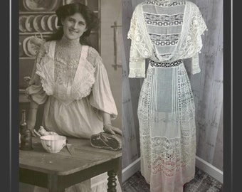 1900-1910s Edwardian Gown/Dress Ethereal Antique GOWN Sheer Lace S/XS