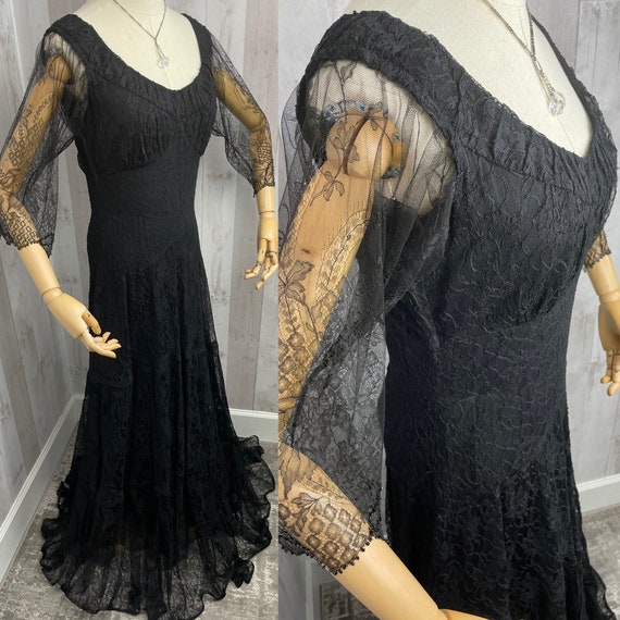 1930s Antique Dress Jet Black Vintage Lace M/30”W… - image 8