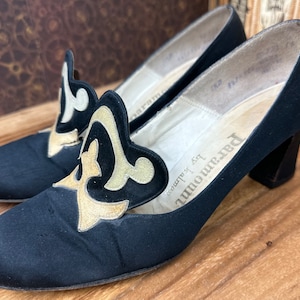 Antique Art Deco Shoes Black Satin Slip-On Heels 10"