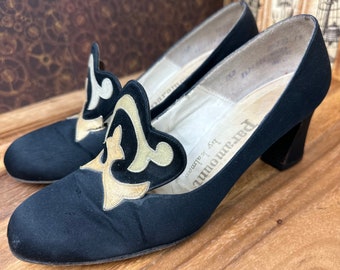 Antique Art Deco Shoes Black Satin Slip-On Heels 10"