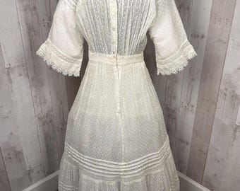 1910s Edwardian Dress~Sheer Swiss Dot Cotton White Batiste Cotton Wedding Bridal 1900s Jrs/Youth