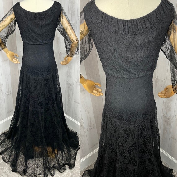1930s Antique Dress Jet Black Vintage Lace M/30”W… - image 4