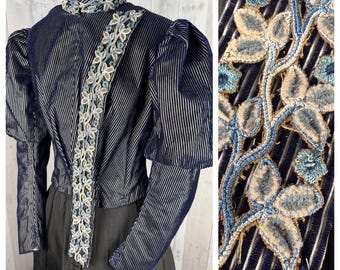 1890s Victorian Antique Corset Jacket-1900s D Blue Velvet Stripes Made in France Size S