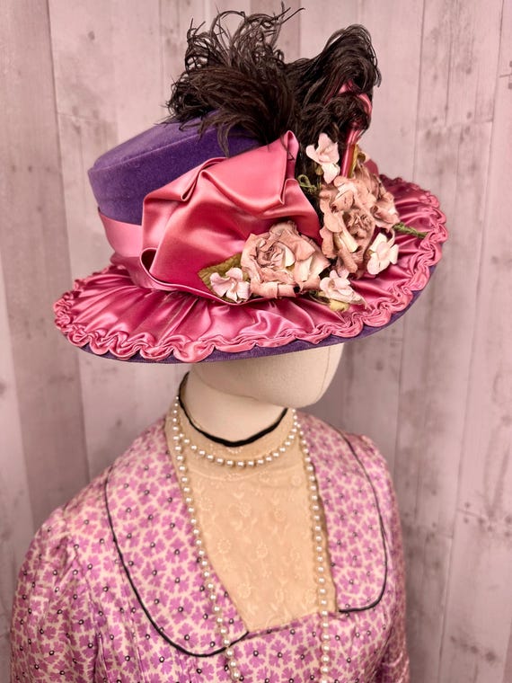 1850s Victorian HAT STYLE ~ Purple Velvet Brim W/pink Satin