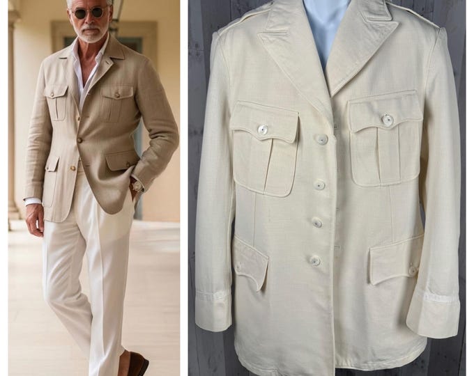 1930s PALM BEACH Antique Linen SUIT Ivory/Wheat Unbleached Linen Mens/Unisex 36 Chest Jacket/Trouser Pant