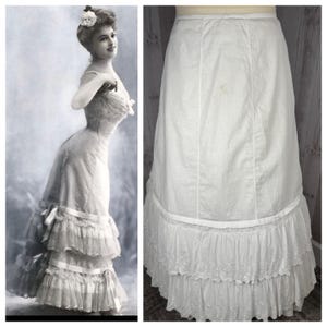 1910s Edwardian Petticoat~Antique Off White Batiste Cotton Crinoline Skirt with Ruffle Hem 1900s 27” Waist