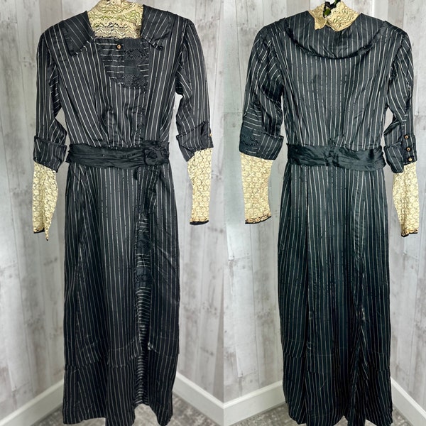 1910s Edwardian Black Pinstriped Silk Gown/Dress-**Needs Restoration** WOUNDED