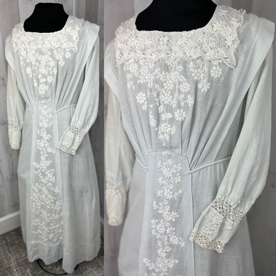 1910s Edwardian Tea Dress Antique Pale Blue Cotto… - image 1