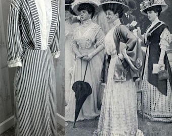 Vestido de día eduardiano de la década de 1910 gris antiguo / algodón a rayas blancas Aline Flare Jrs/Small