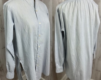 1910s Edwardian Dress Shirt~Pinstriped Pale Blue Cotton ~Antique Button Front Made in France 1900s 15" Collar 40" Chest Mens REPAIRS