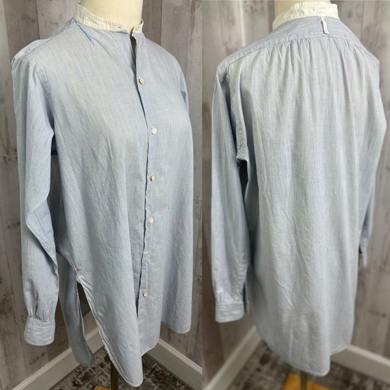 1910s Edwardian Dress Shirt~Pinstriped Pale Blue Cotton ~Antique Button Front Made in France 1900s 15" Collar 40" Chest Mens REPAIRS
