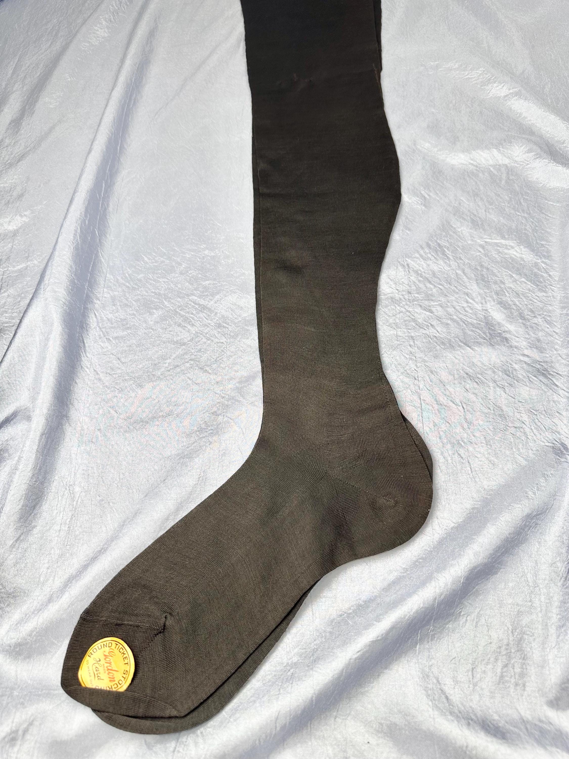 1910s NOS Pair Edwardian Stockings ~ Deadstock Antique Black/Brown Cotton Socks 33" Length - Labeled Round Ticket Stockings