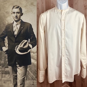 1910s Edwardian Dress Shirt Crisp Cotton White Negligee Shirt~Antique Button Front 1920s Mens 44&quot; Chest ~ Very Wearable!
